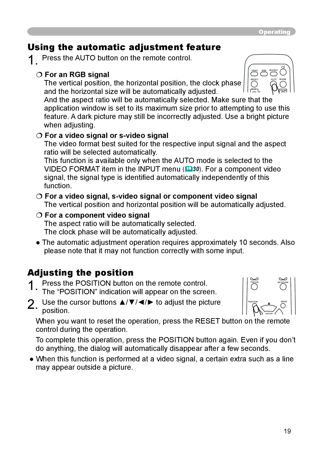 Hitachi CP-X444 Using the automatic adjustment feature, Adjusting the position,  For a video signal or s-video signal 