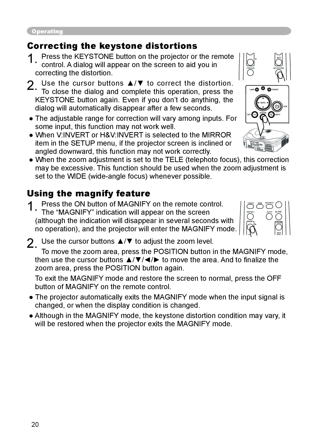 Hitachi CP-X440, CP-X444 user manual Correcting the keystone distortions, Using the magnify feature 