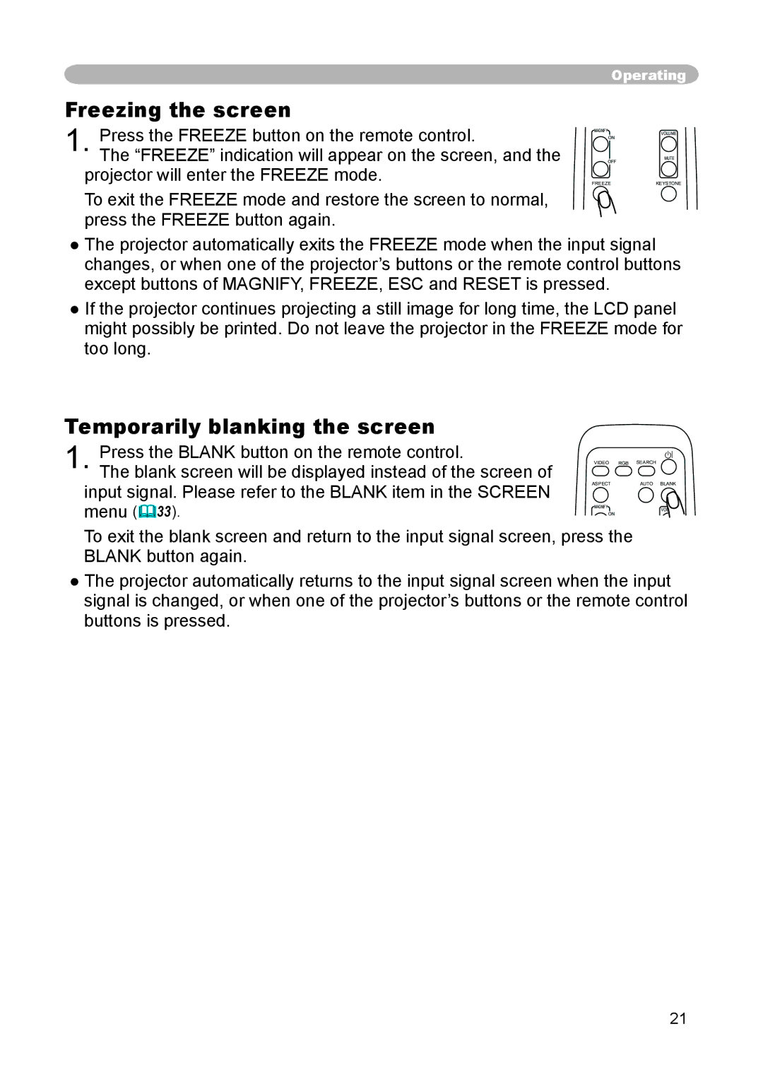 Hitachi CP-X444, CP-X440 user manual Freezing the screen, Temporarily blanking the screen 