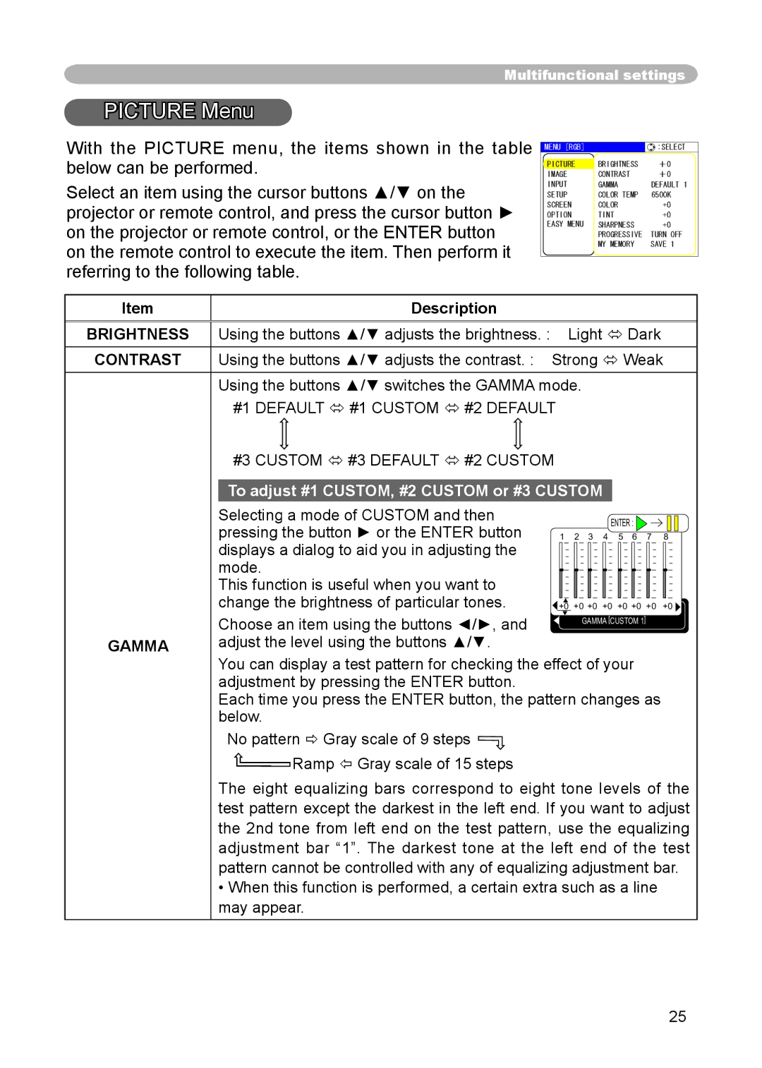 Hitachi CP-X444, CP-X440 user manual Picture Menu, #3 Custom  #3 Default  #2 Custom, Gamma 