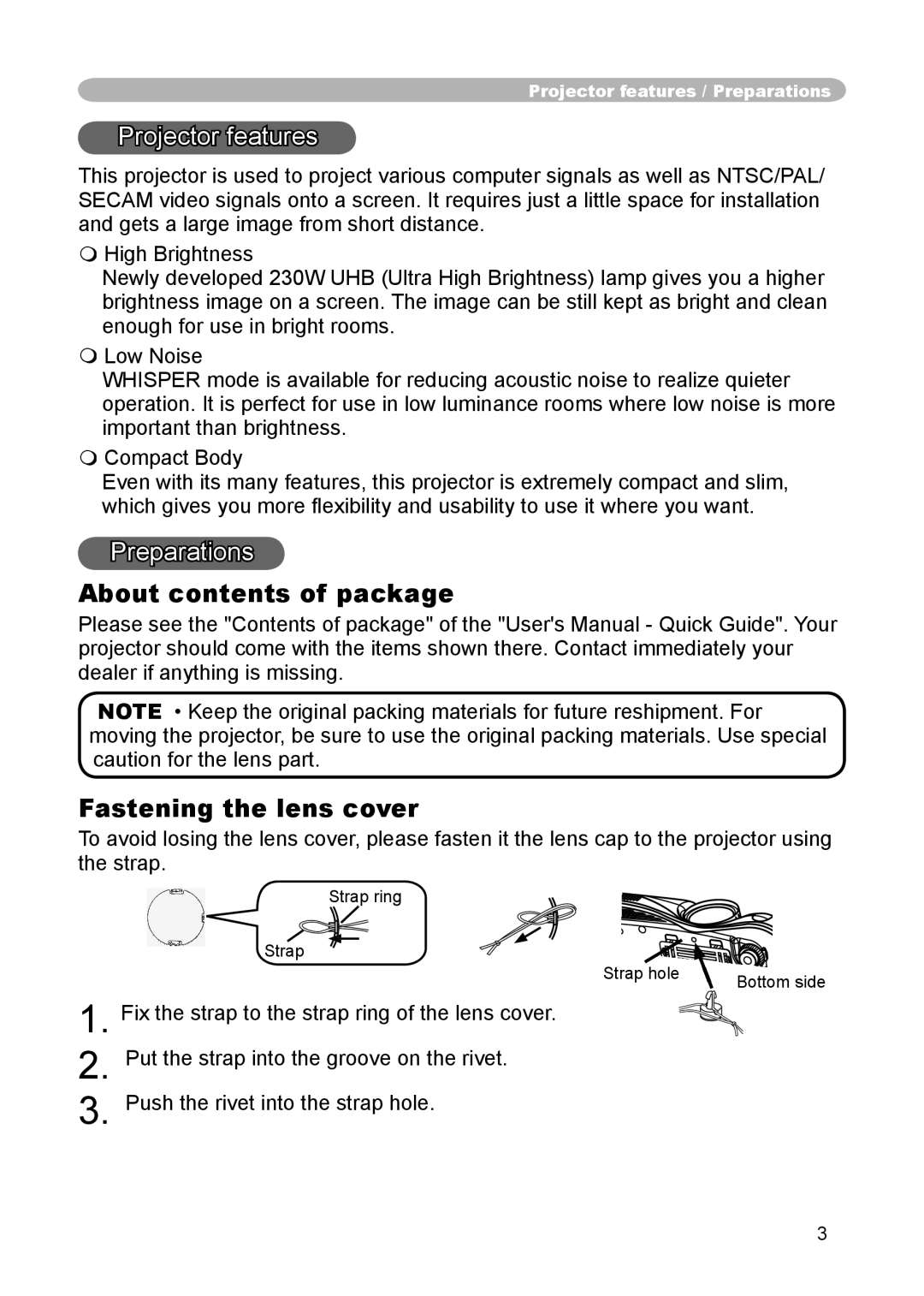 Hitachi CP-X444, CP-X440 user manual About contents of package Fastening the lens cover 