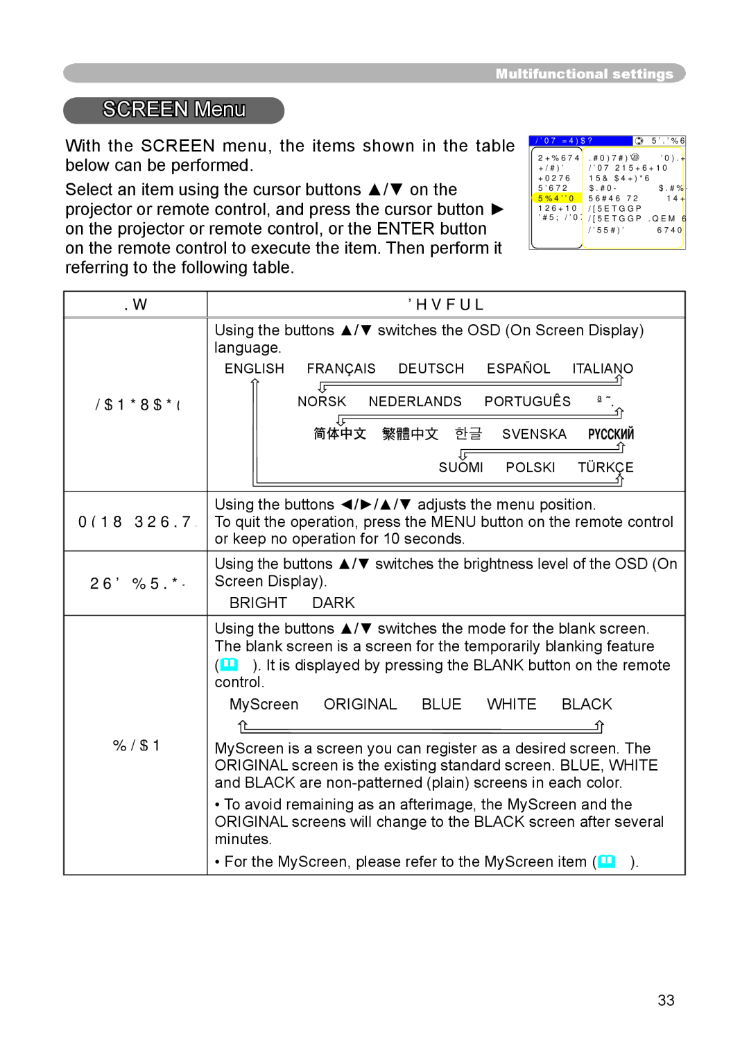 Hitachi CP-X444, CP-X440 user manual Screen Menu, Menu Position OSD Bright Blank, Bright  Dark 