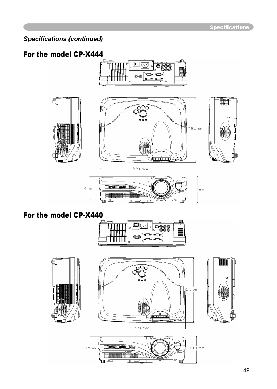 Hitachi user manual For the model CP-X444 For the model CP-X440, Speciﬁcations 