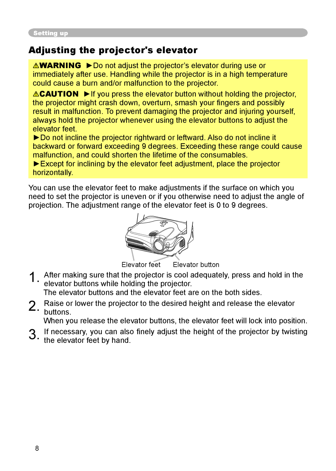 Hitachi CP-X440, CP-X444 user manual Adjusting the projectors elevator 