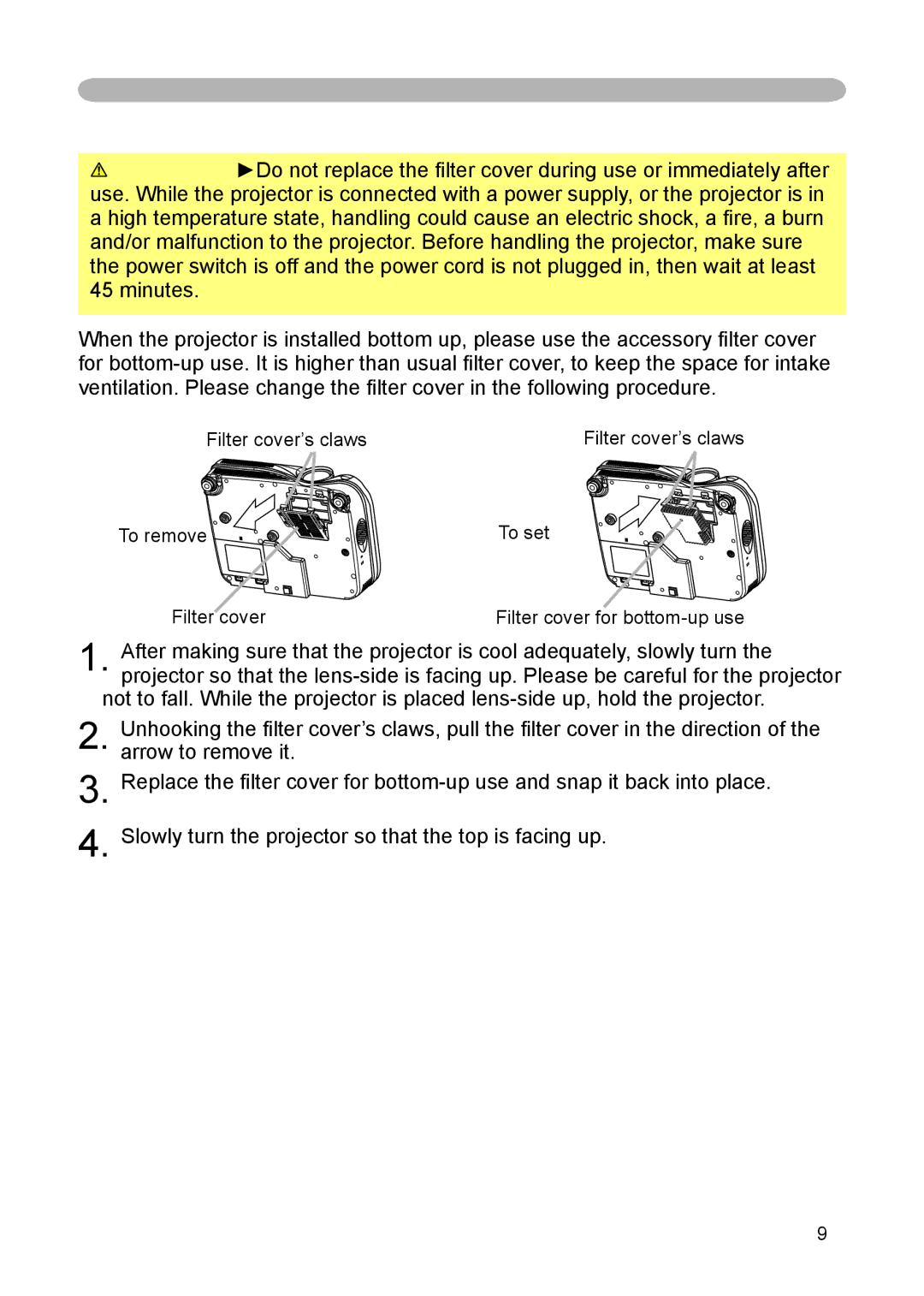 Hitachi CP-X444, CP-X440 user manual About the ﬁlter cover for bottom-up use 