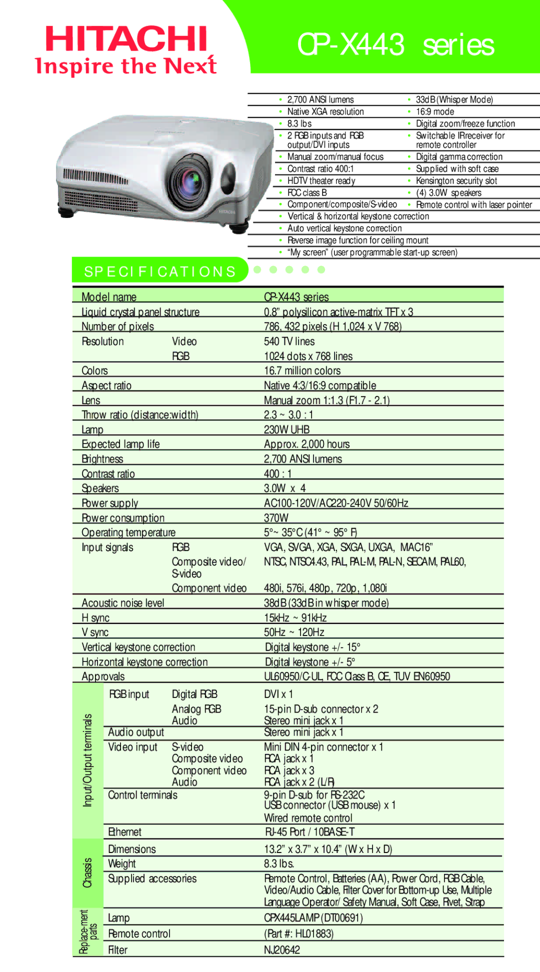 Hitachi CP-X443 Series specifications CP-X443 series, Specification S, Rgb, RGB VGA, SVGA, XGA, SXGA, UXGA, MAC16 