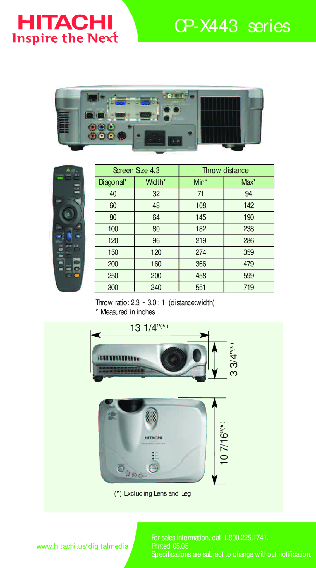 Hitachi CP-X443 Series specifications 13 1/4 10 7/16, Throw distance, Min Max 