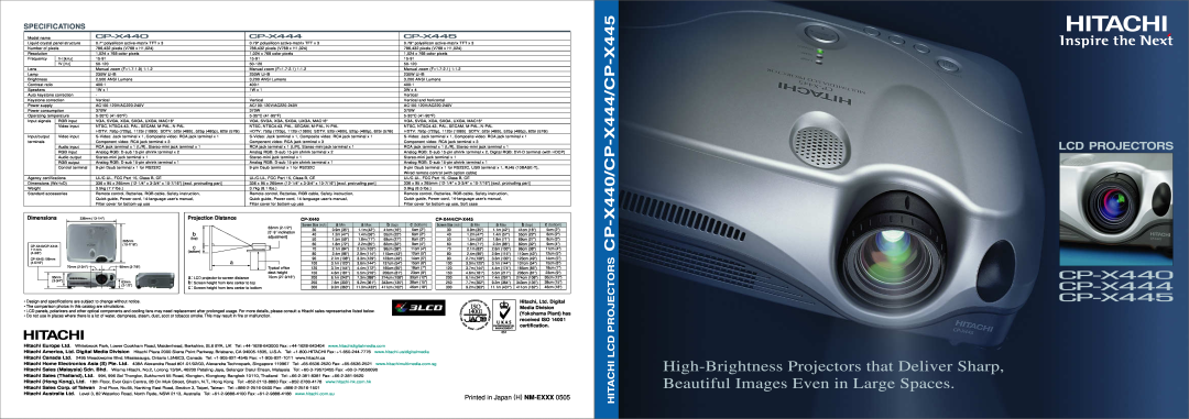 Hitachi CP-X440, CP-X445 specifications Specifications, Printed in Japan H NM-EXXX, Dimensions, Projection Distance 