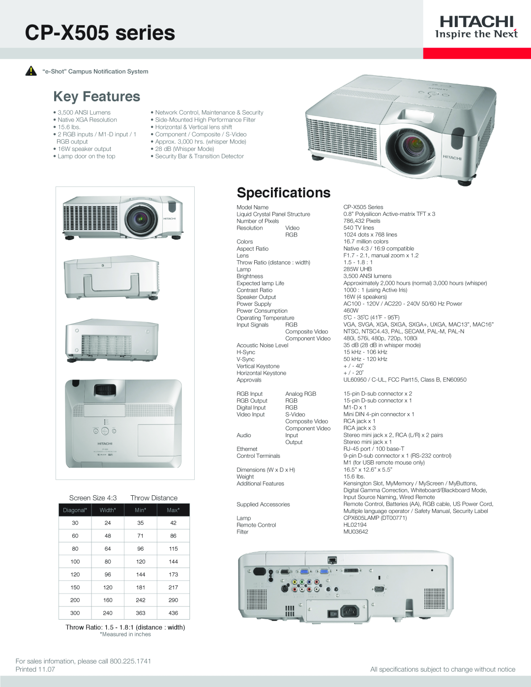 Hitachi specifications CP-X505series, Key Features, Speciﬁcations, Screen Size, Throw Distance, Printed, Diagonal 