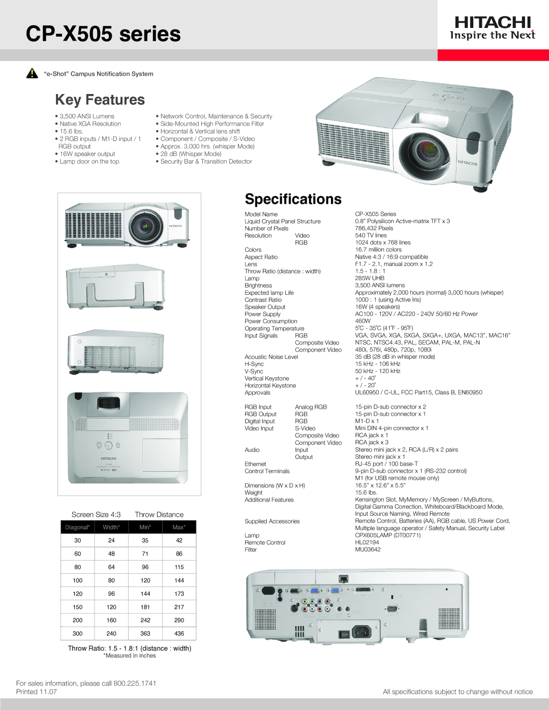 Hitachi specifications CP-X505 series, Key Features, Speciﬁcations, Screen Size Throw Distance 