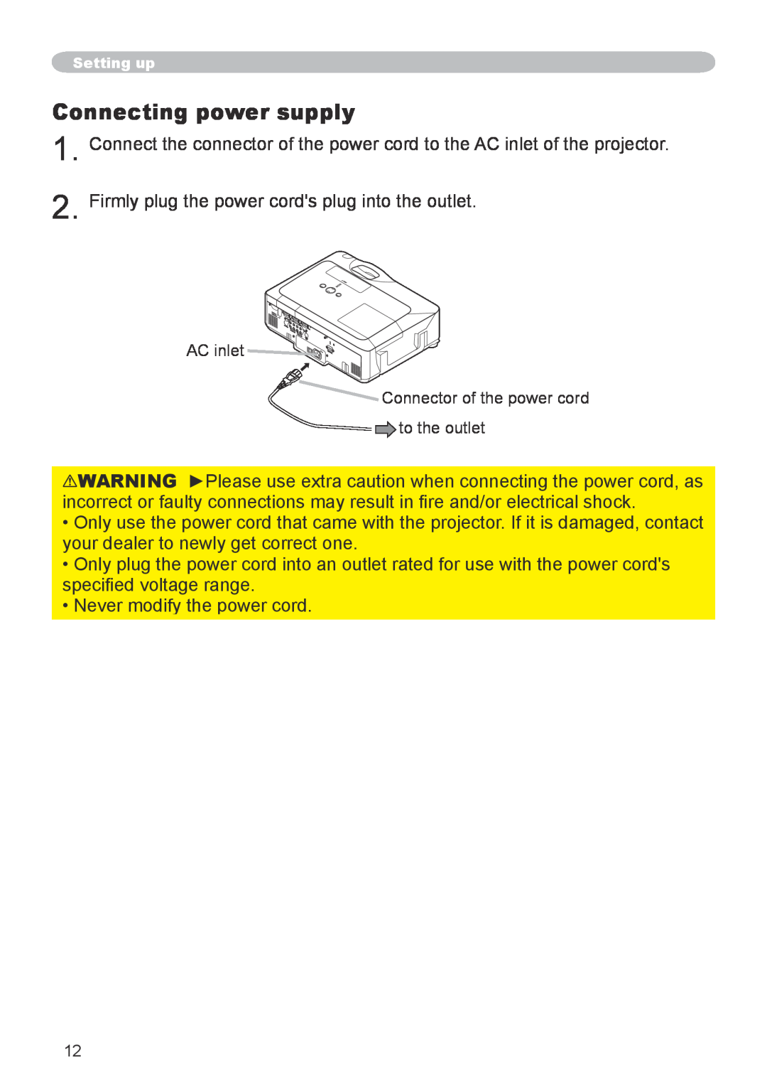Hitachi CP-X600 user manual Connecting power supply 