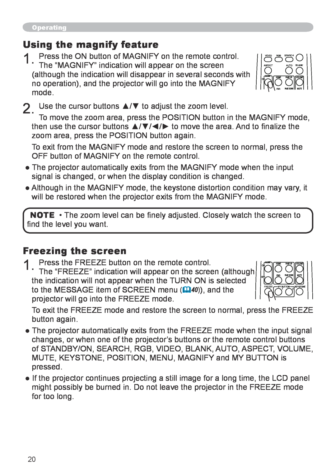 Hitachi CP-X600 user manual Using the magnify feature, Freezing the screen 