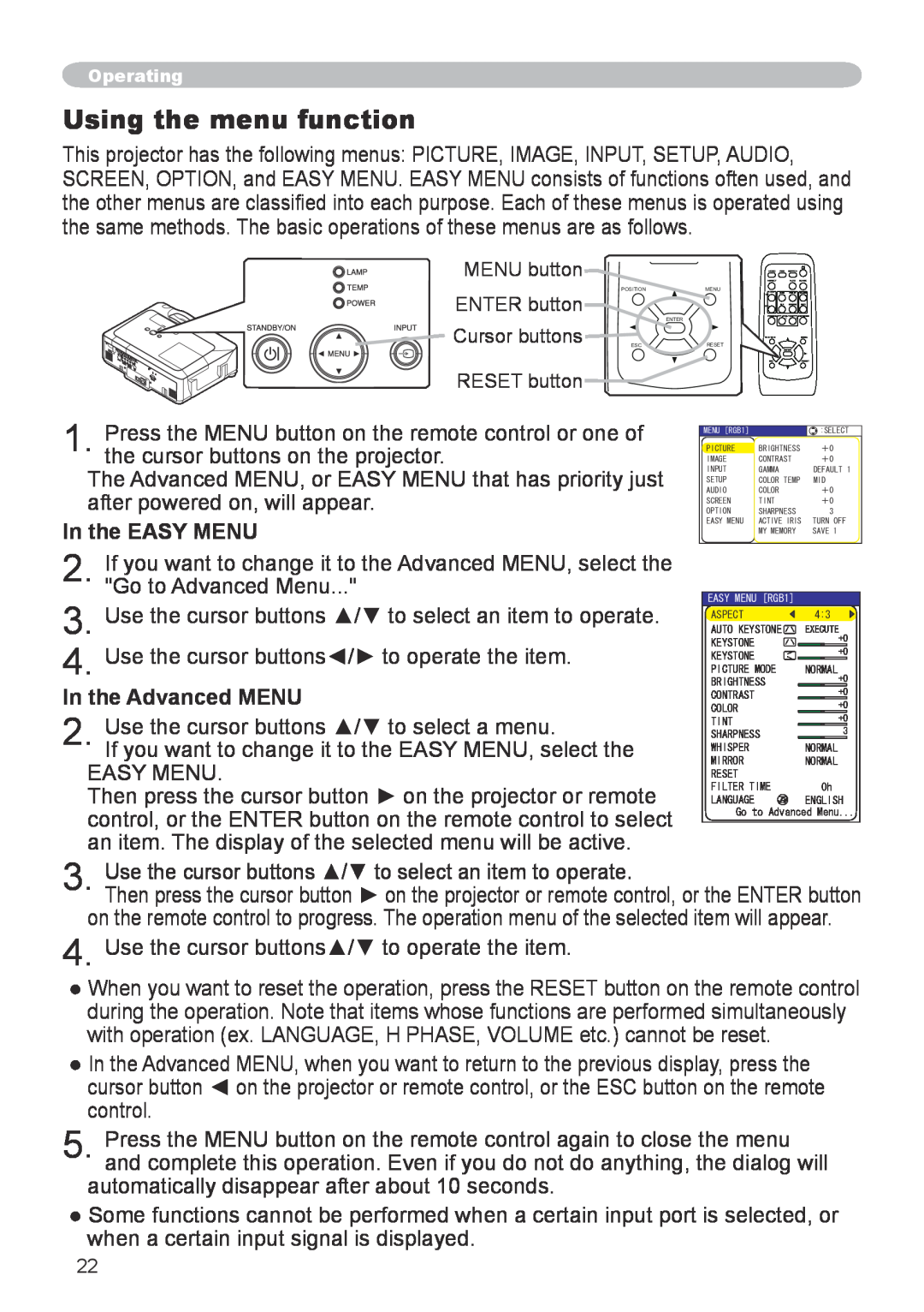 Hitachi CP-X600 user manual Using the menu function, In the EASY MENU, In the Advanced MENU 