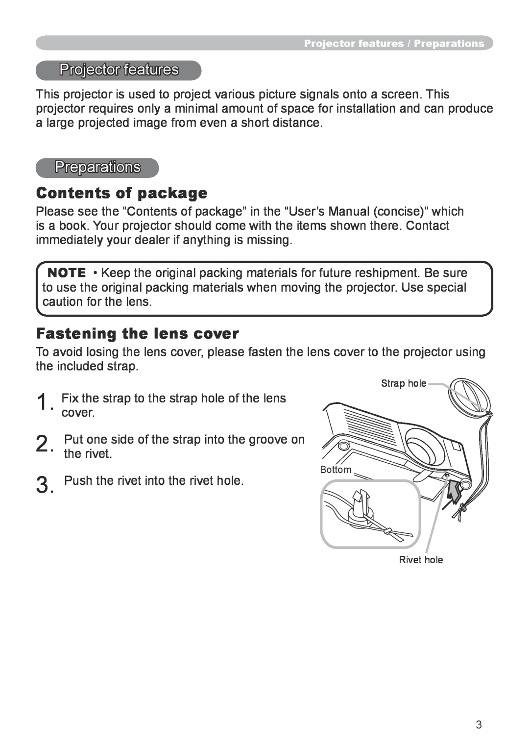 Hitachi CP-X600 user manual Projector features, Preparations, Contents of package, Fastening the lens cover 