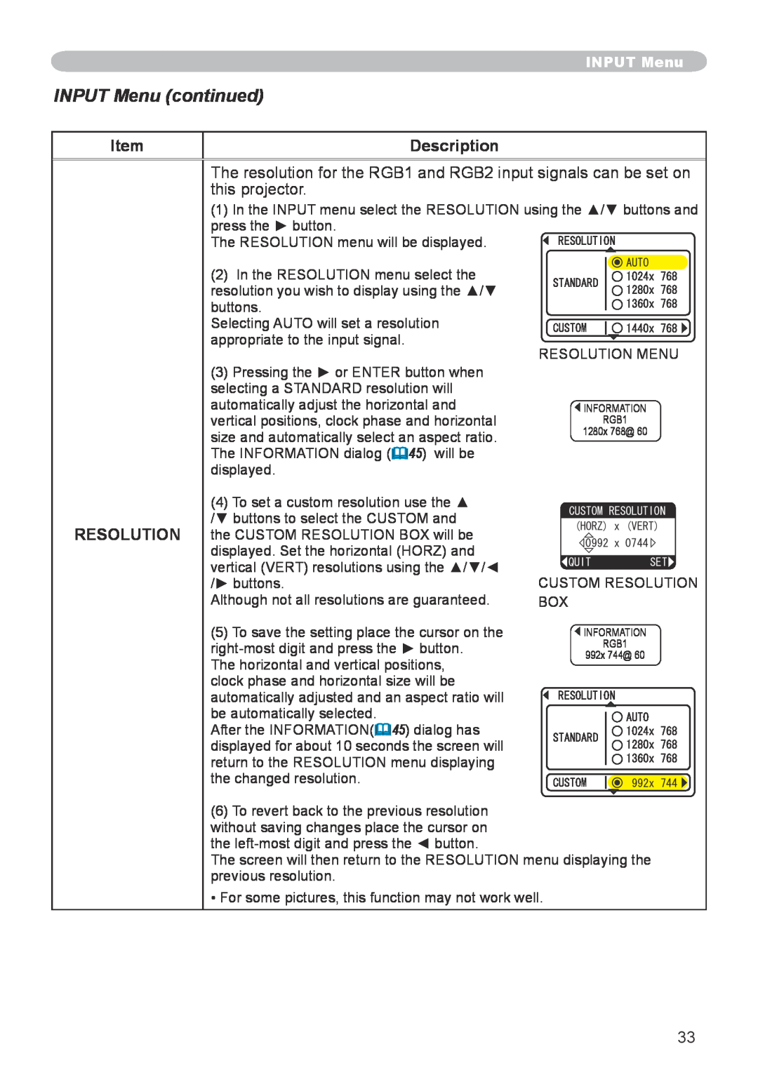 Hitachi CP-X600 user manual INPUT Menu continued, Description, Resolution, The RESOLUTION menu will be displayed 