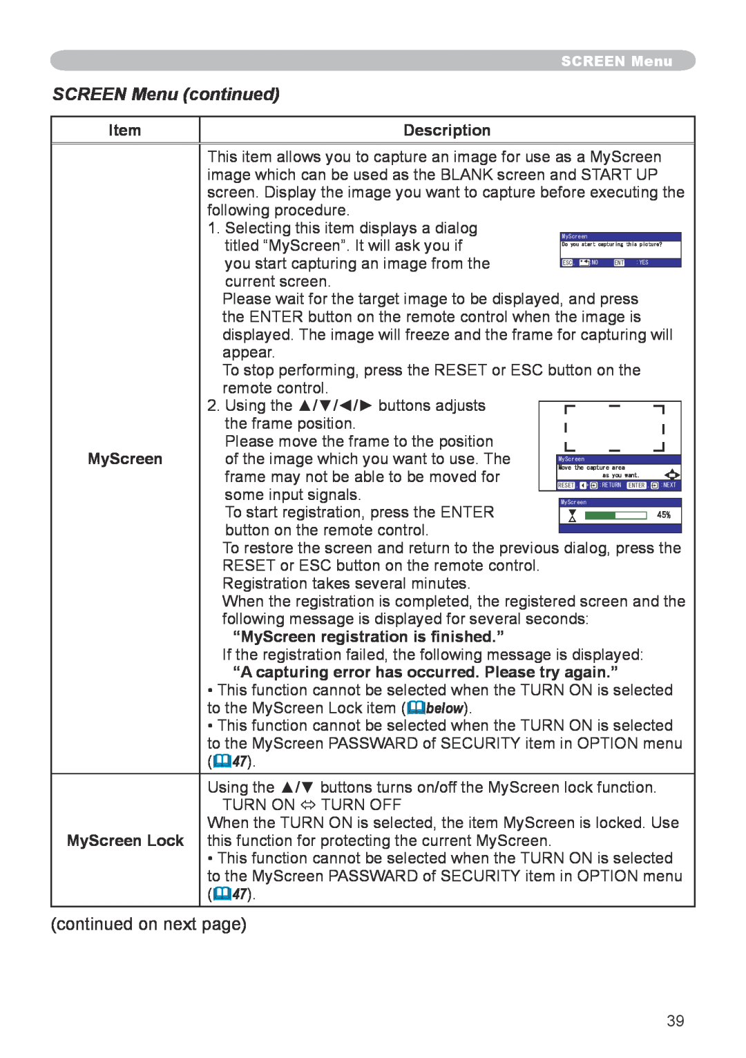 Hitachi CP-X600 user manual SCREEN Menu continued, Description, “MyScreen registration is finished.” 