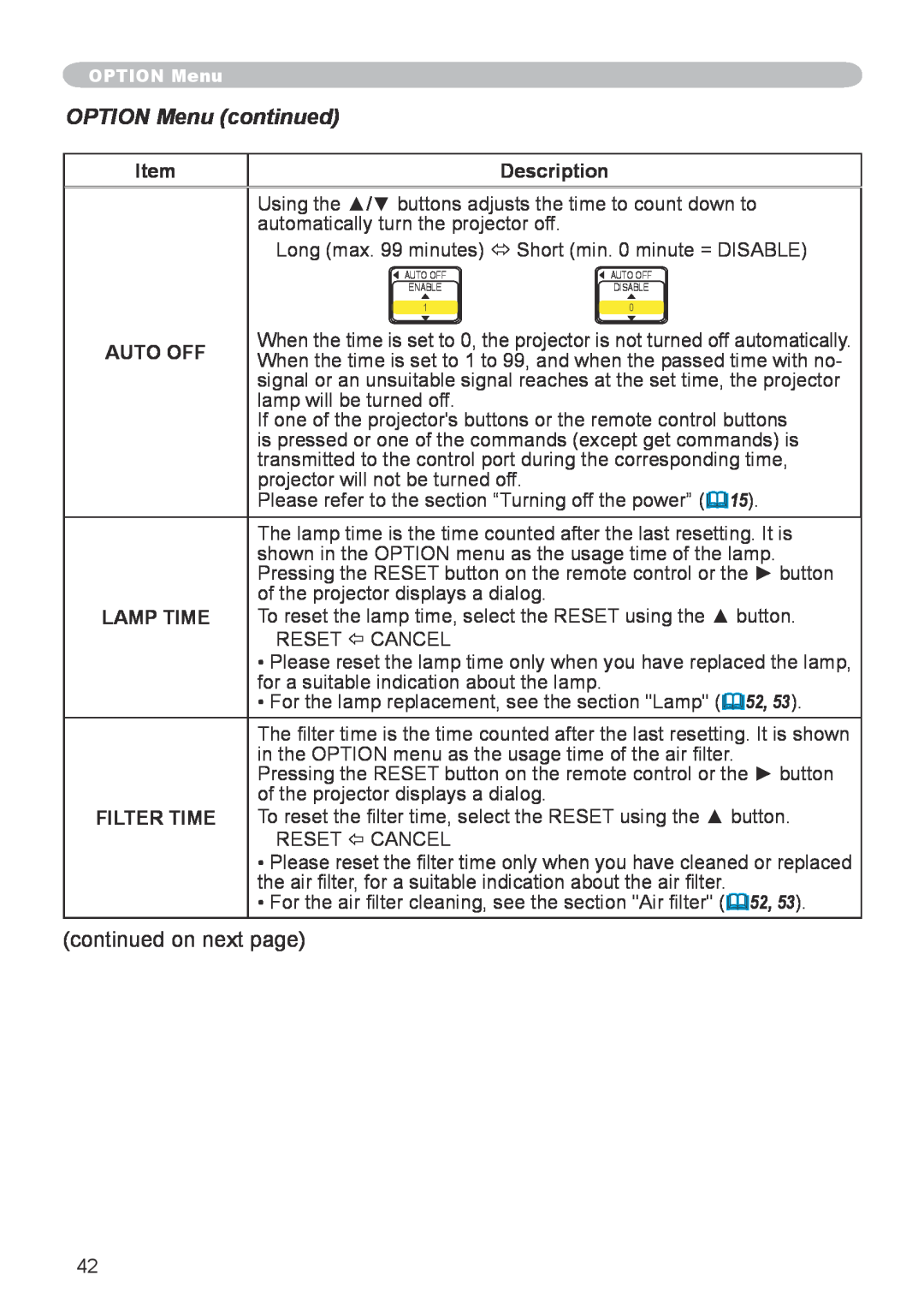 Hitachi CP-X600 user manual OPTION Menu continued, Description, Auto Off, Lamp Time, Filter Time 