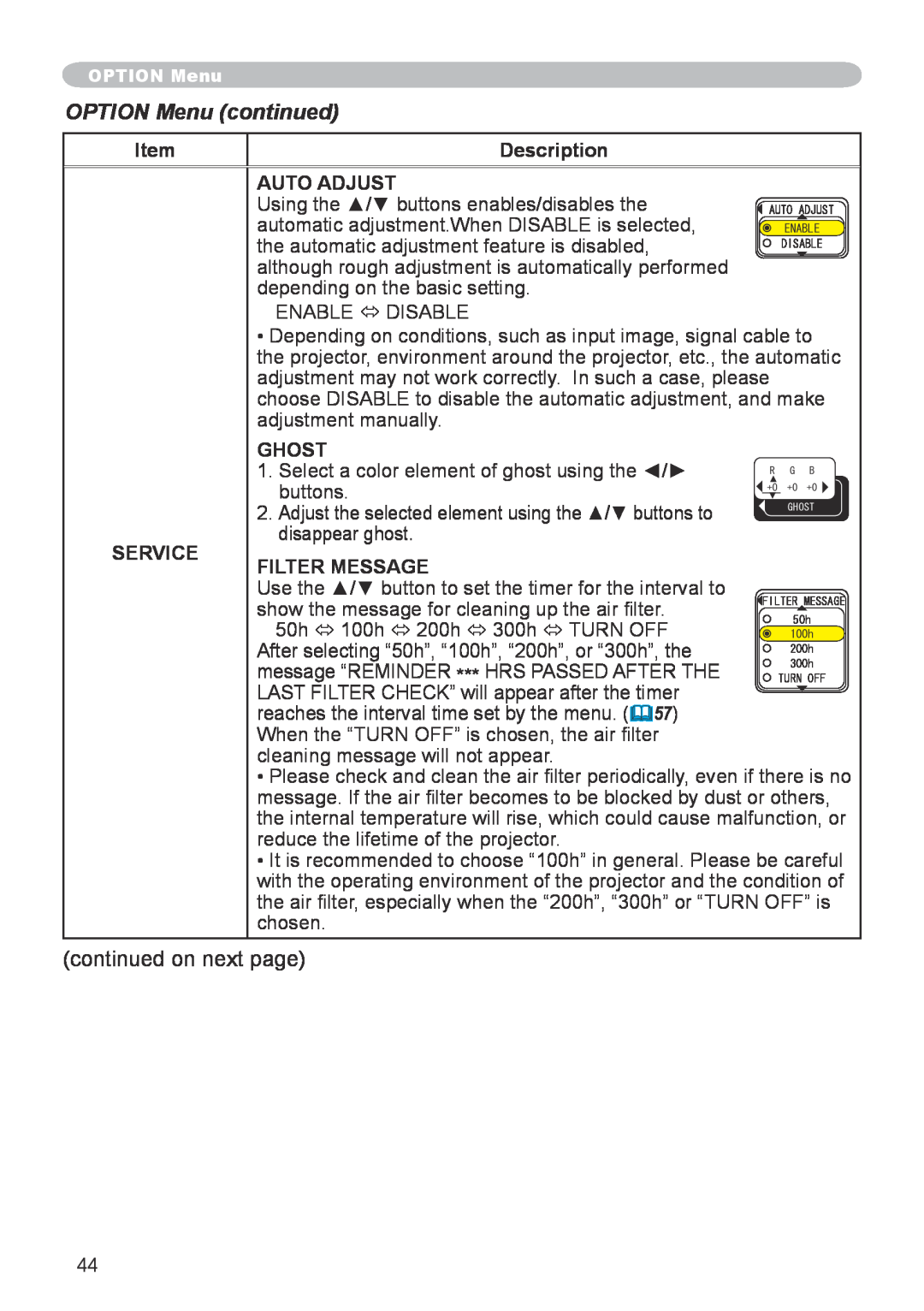 Hitachi CP-X600 user manual OPTION Menu continued, Description, Auto Adjust, Ghost, Service, Filter Message 