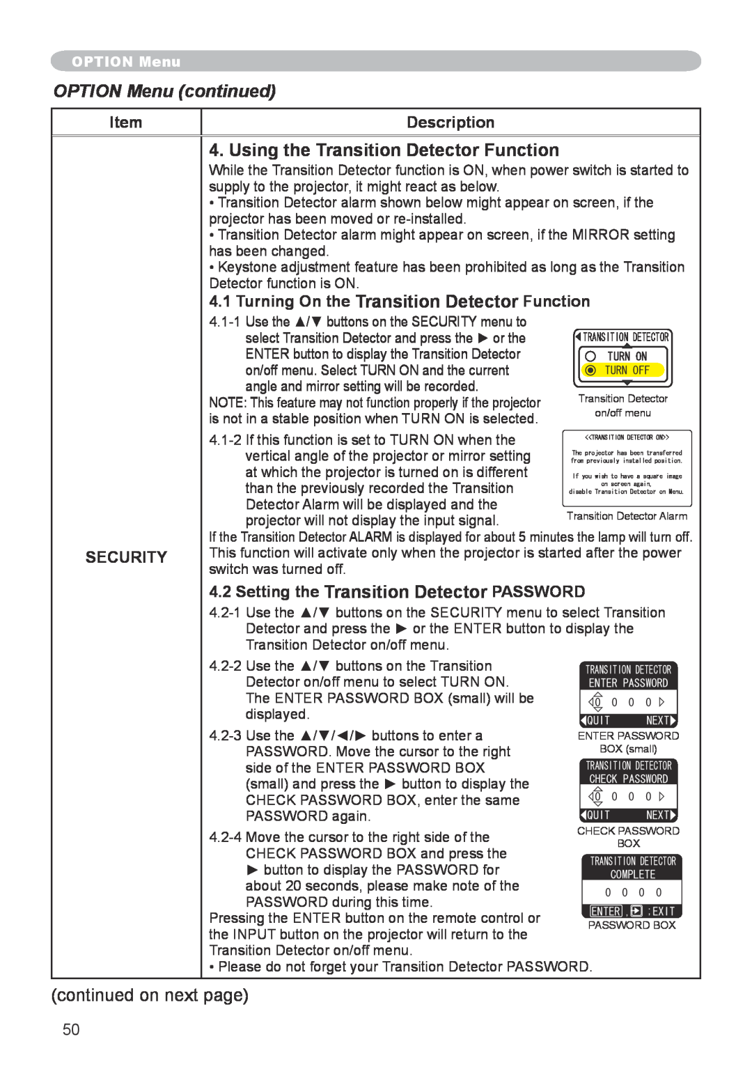 Hitachi CP-X600 user manual Using the Transition Detector Function, OPTION Menu continued, Description, Security 