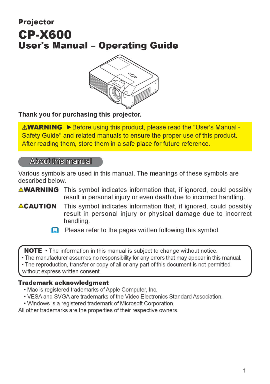 Hitachi CP-X600 user manual About this manual, Thank you for purchasing this projector, Trademark acknowledgment 