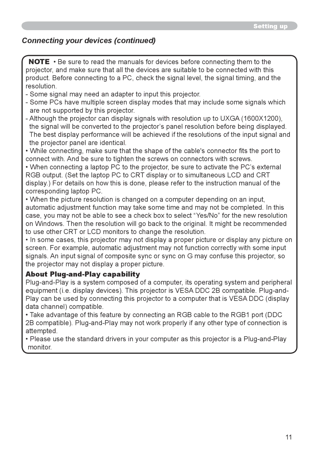 Hitachi CP-X600 user manual Connecting your devices, About Plug-and-Play capability 