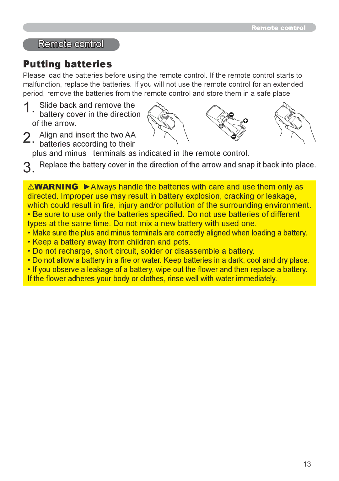 Hitachi CP-X600 user manual Remote control, Putting batteries 