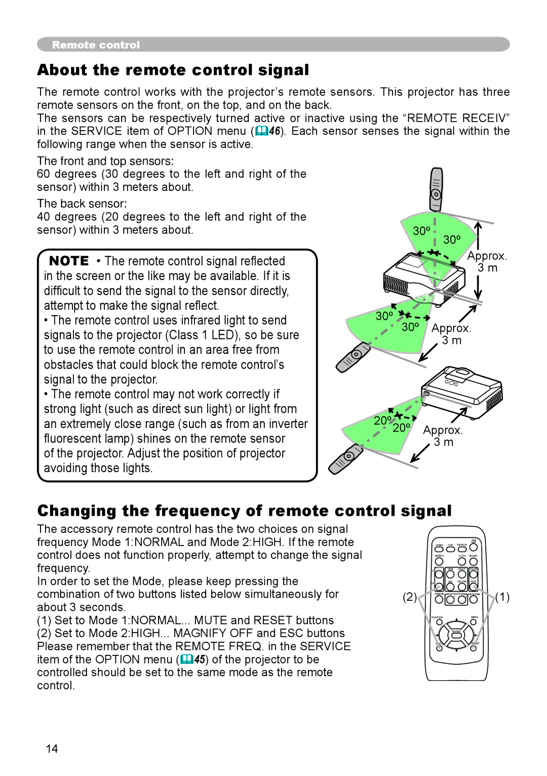 Hitachi CP-X600 About the remote control signal, Changing the frequency of remote control signal, Front and top sensors 