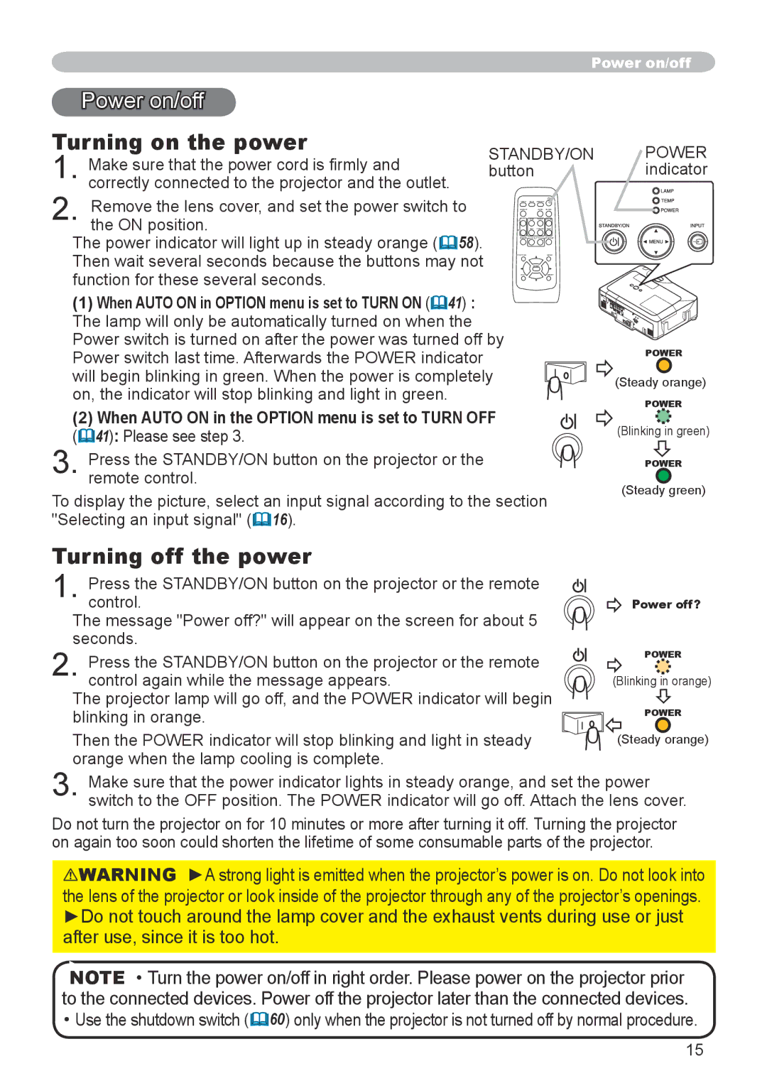 Hitachi CP-X600 user manual Power on/off, Turning on the power, Turning off the power 