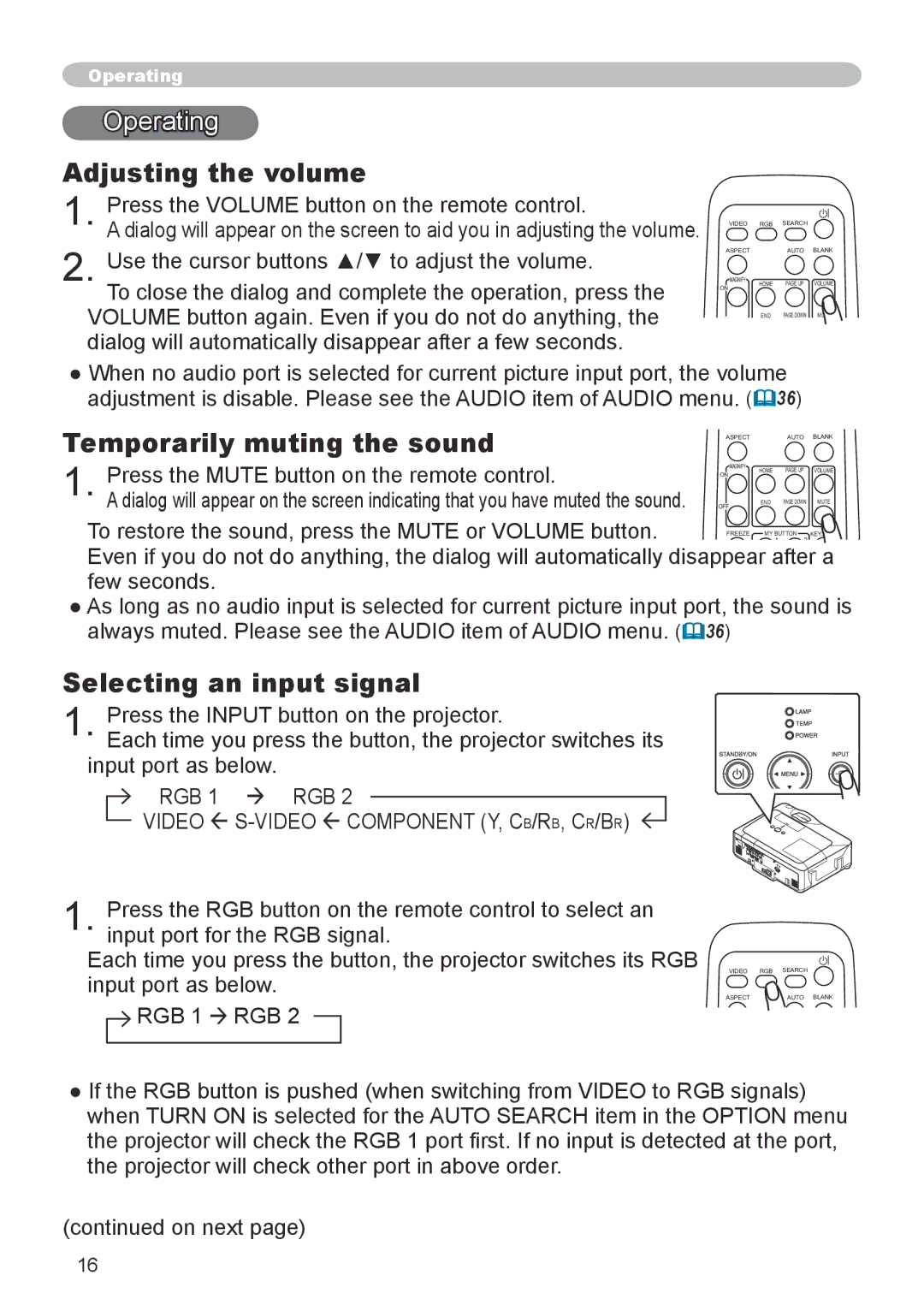 Hitachi CP-X600 user manual Operating, Adjusting the volume, Temporarily muting the sound, Selecting an input signal 