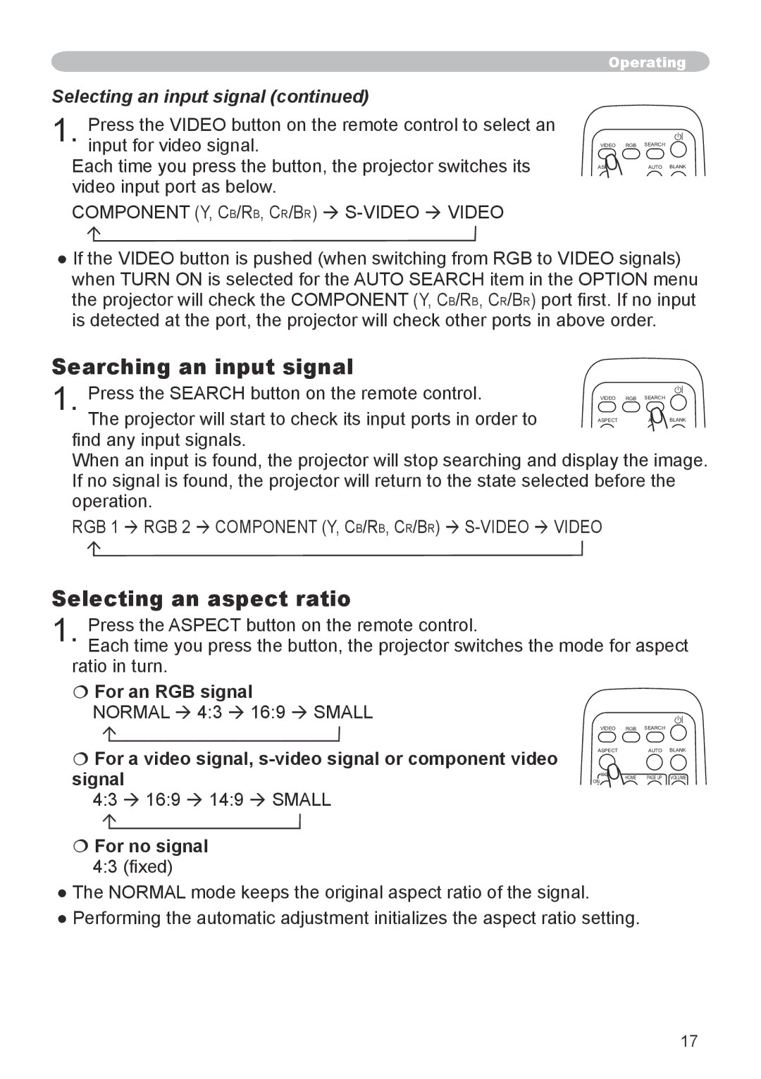 Hitachi CP-X600 Searching an input signal, Selecting an aspect ratio, Selecting an input signal,  For an RGB signal 