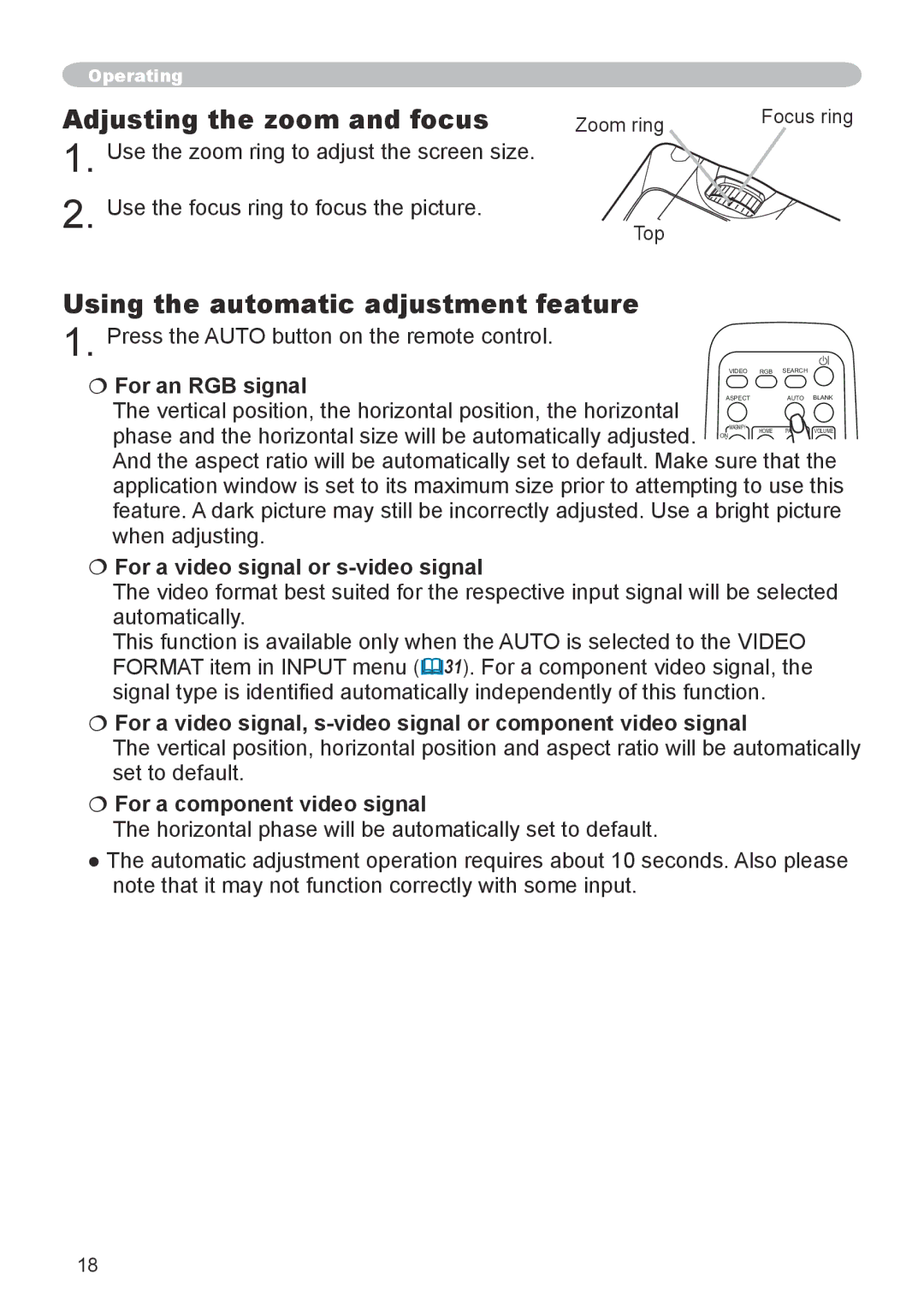 Hitachi CP-X600 Adjusting the zoom and focus, Using the automatic adjustment feature,  For a component video signal 