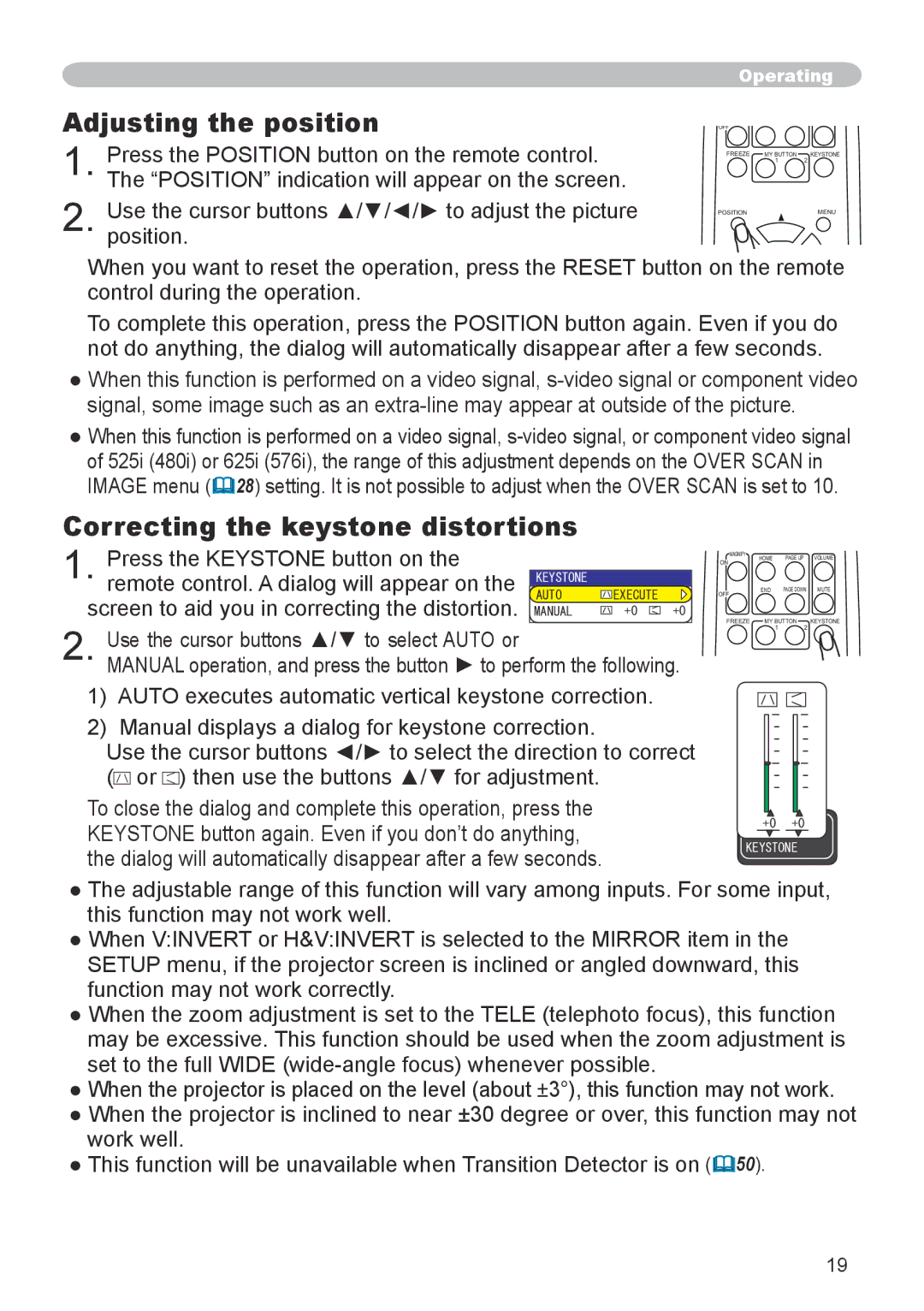 Hitachi CP-X600 user manual Adjusting the position, Correcting the keystone distortions 