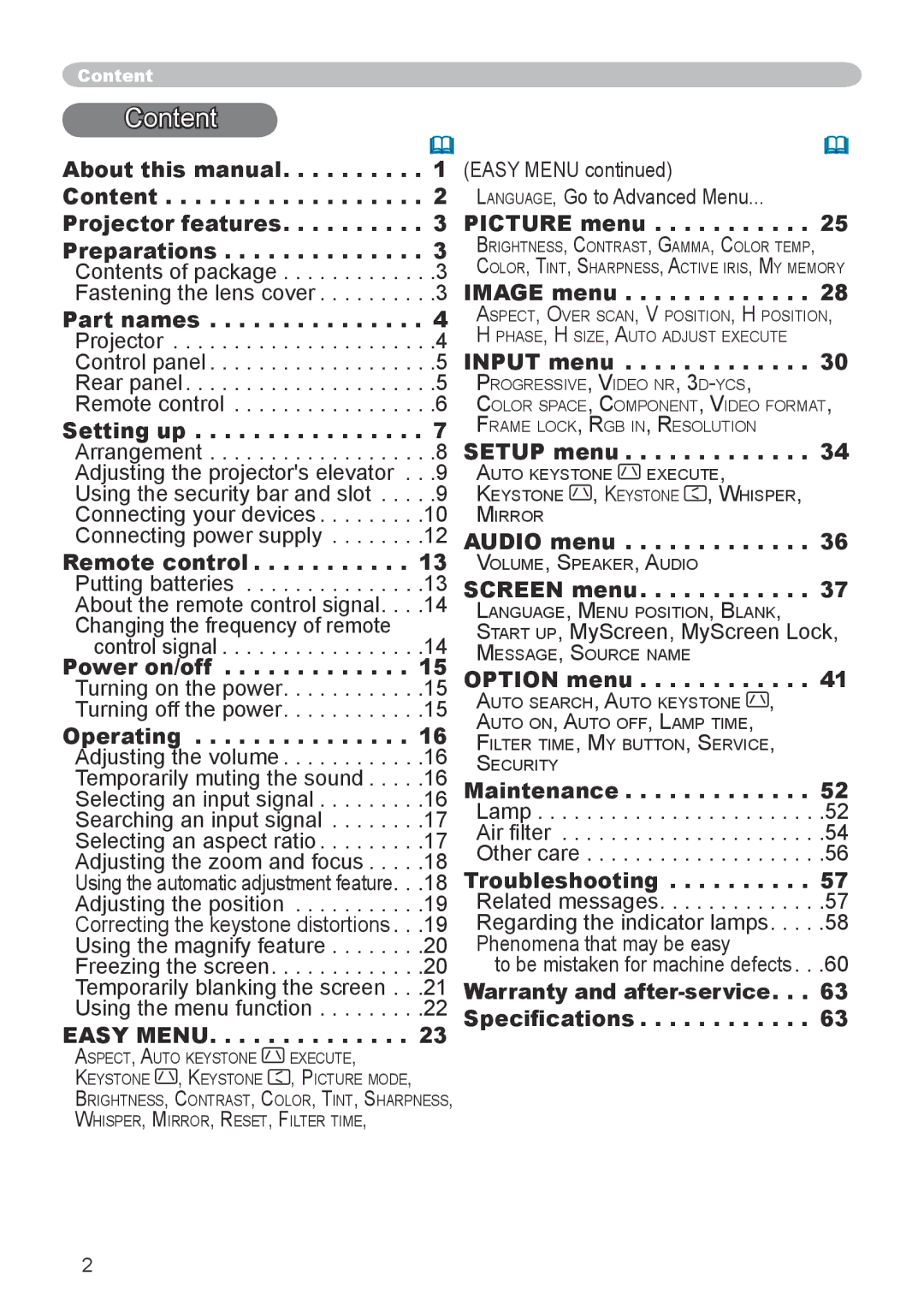 Hitachi CP-X600 user manual Content 