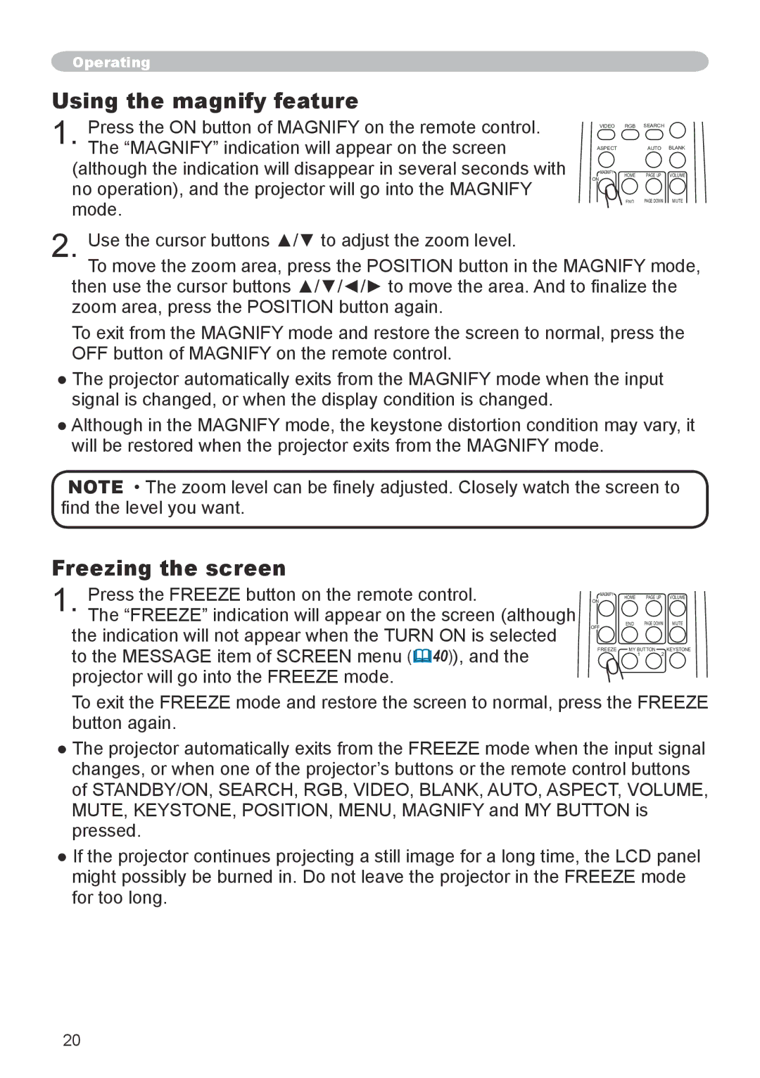 Hitachi CP-X600 user manual Using the magnify feature, Freezing the screen 