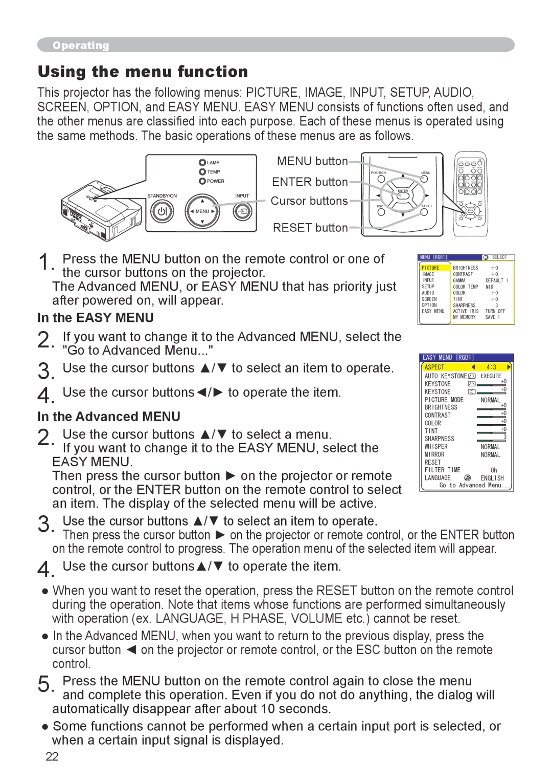 Hitachi CP-X600 user manual Using the menu function, Easy Menu, Advanced Menu 