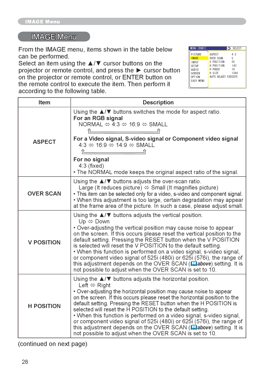 Hitachi CP-X600 user manual Image Menu, For an RGB signal, For no signal, Over Scan, Position 