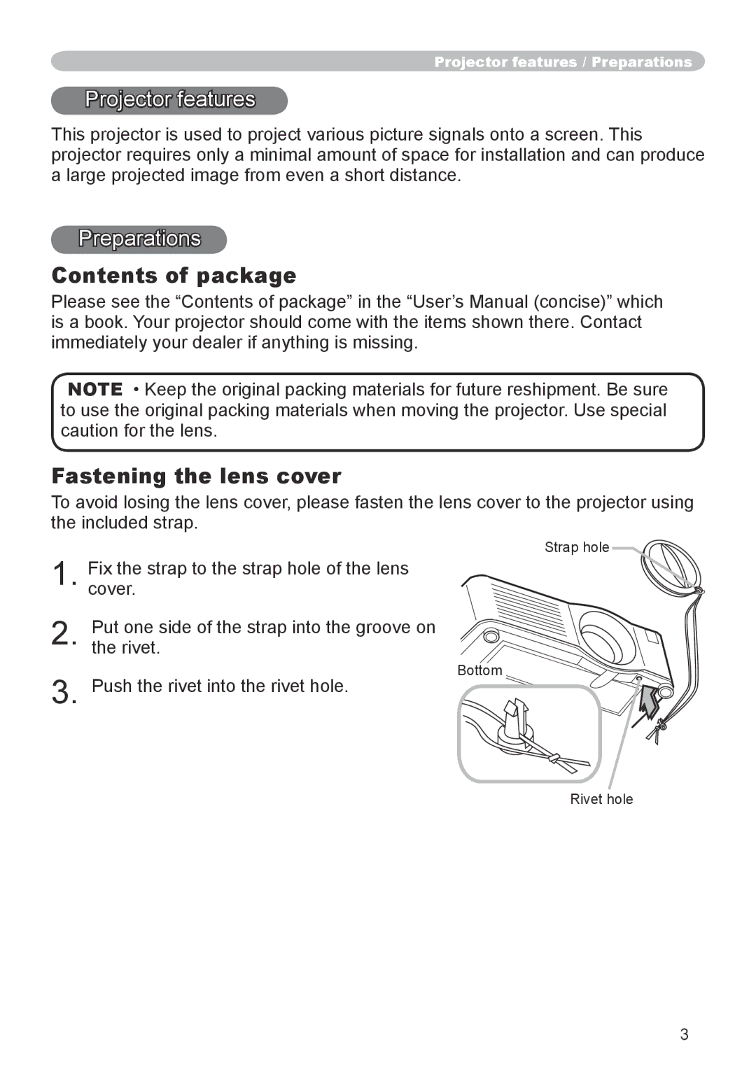 Hitachi CP-X600 user manual Contents of package, Fastening the lens cover 