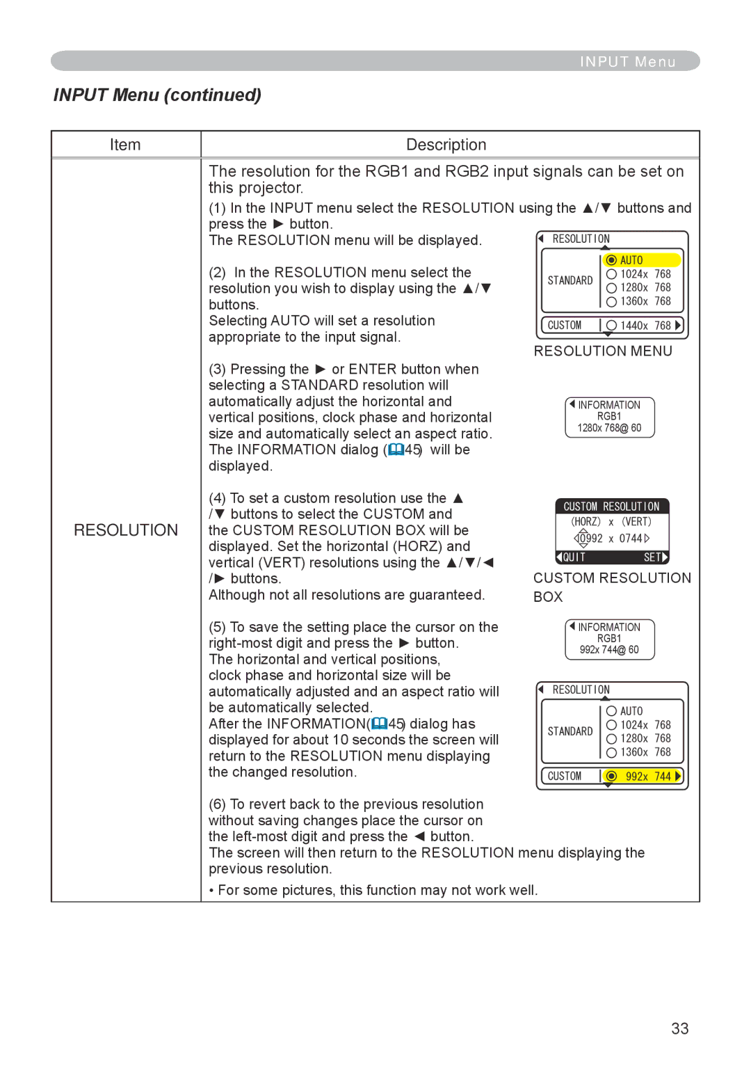 Hitachi CP-X600 user manual Custom Resolution BOX 