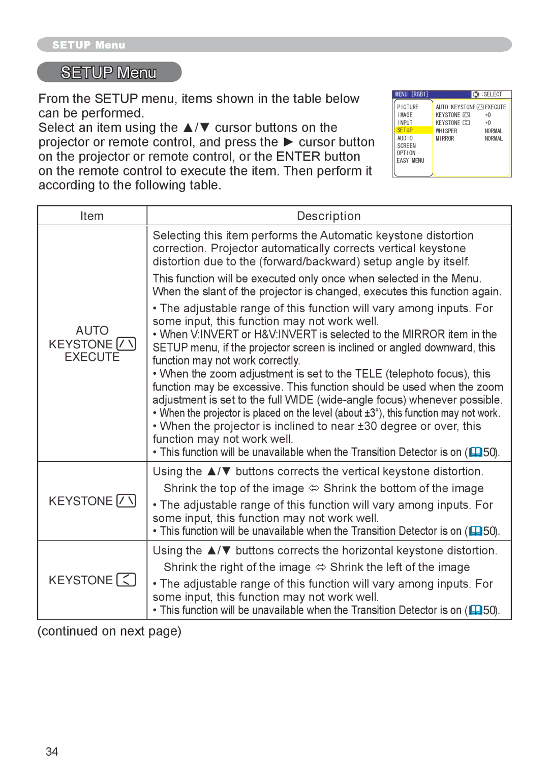 Hitachi CP-X600 user manual Setup Menu, Some input, this function may not work well, Function may not work correctly 