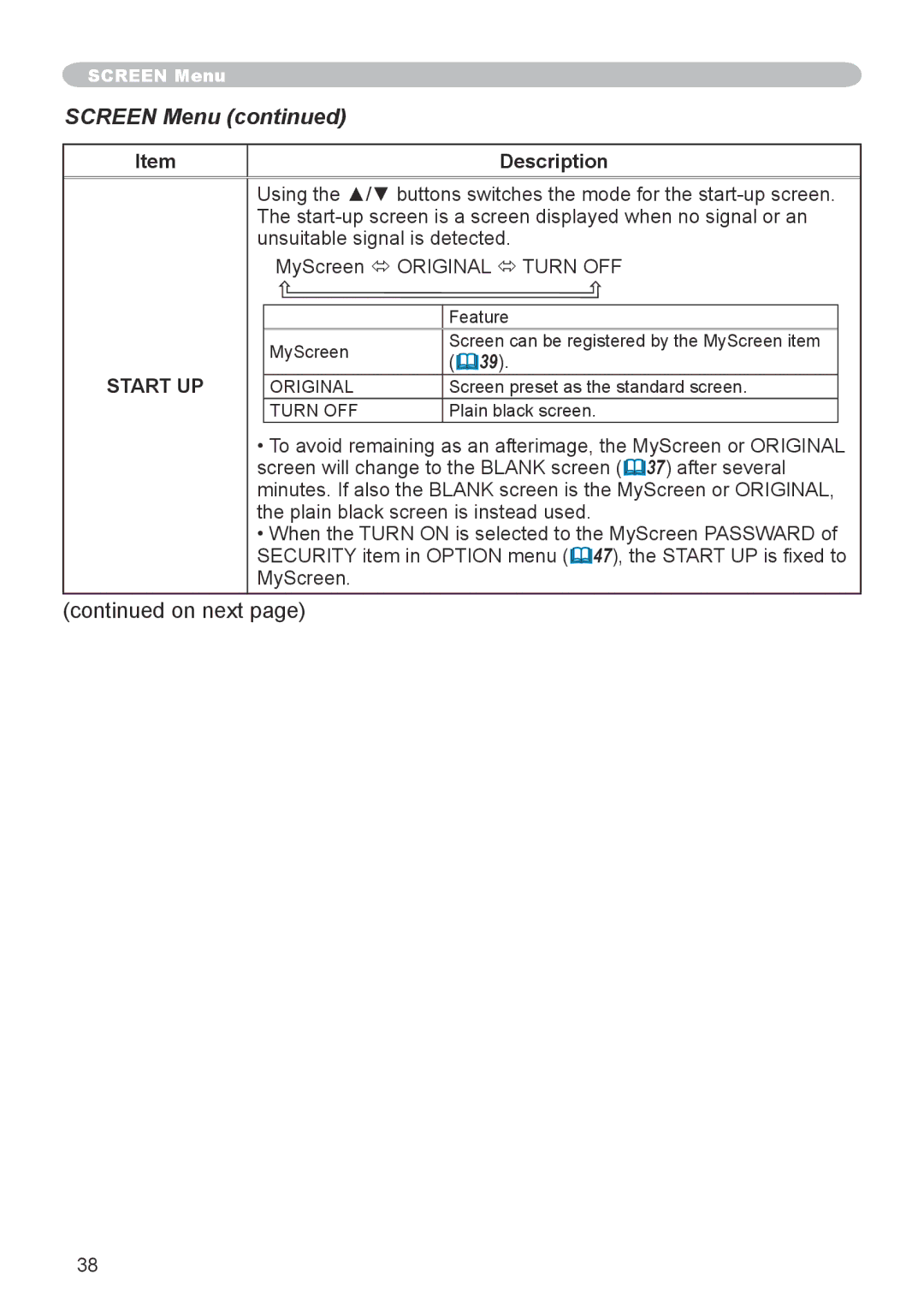 Hitachi CP-X600 user manual Screen Menu, Start UP 