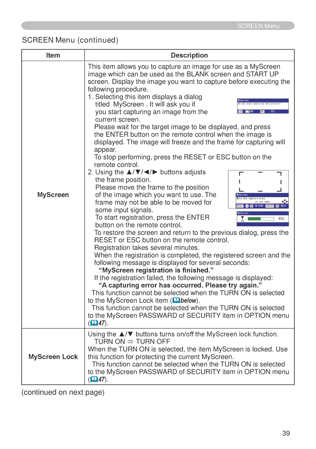 Hitachi CP-X600 user manual MyScreen registration is finished, Capturing error has occurred. Please try again 