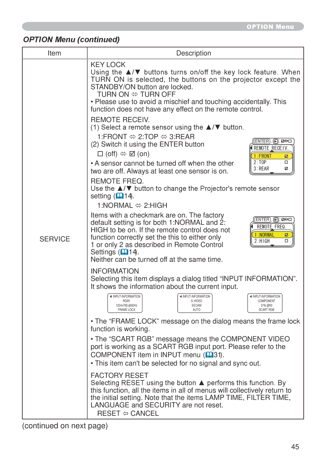 Hitachi CP-X600 user manual KEY Lock, Remote Receiv, Remote Freq, Information, Factory Reset 