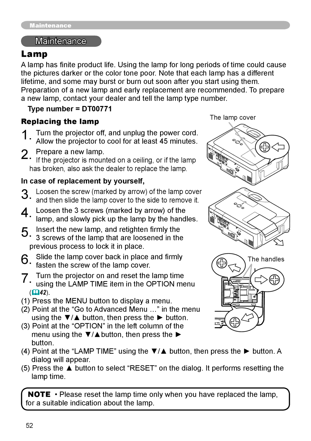 Hitachi CP-X600 Maintenance, Lamp, Type number = DT00771 Replacing the lamp, Case of replacement by yourself, 42 