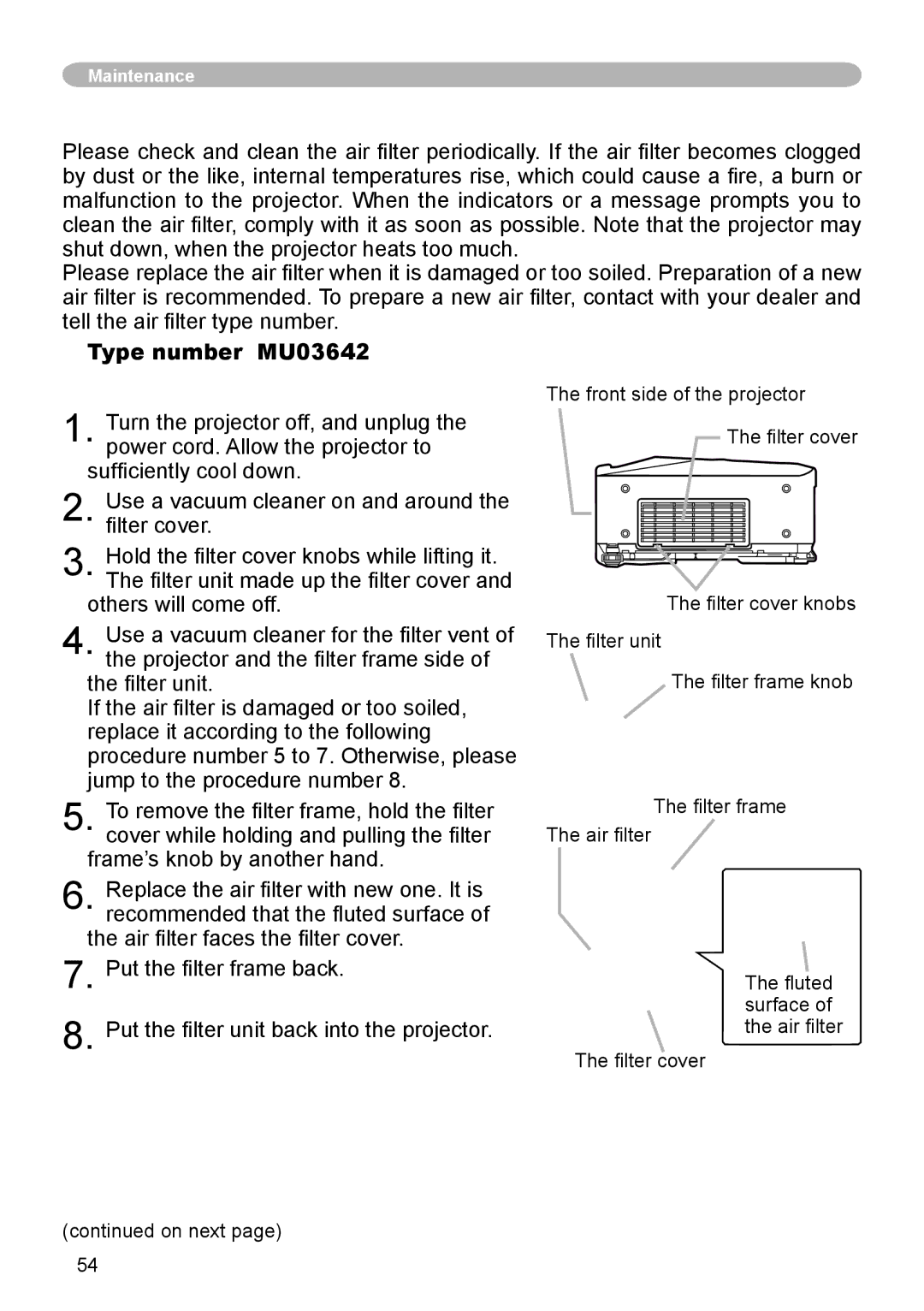 Hitachi CP-X600 user manual Air filter, Type number = MU03642 Cleaning the air filter 