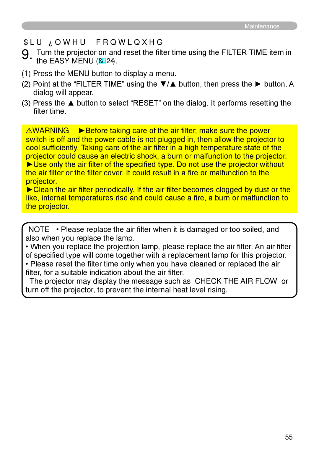 Hitachi CP-X600 user manual Air filter 