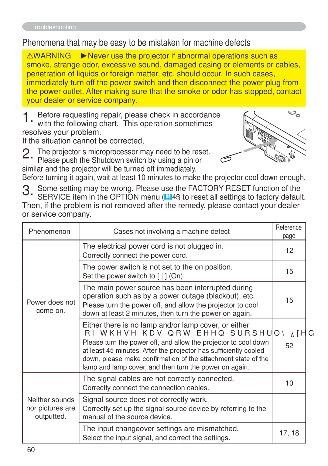 Hitachi CP-X600 user manual Electrical power cord is not plugged, Power switch is not set to the on position 