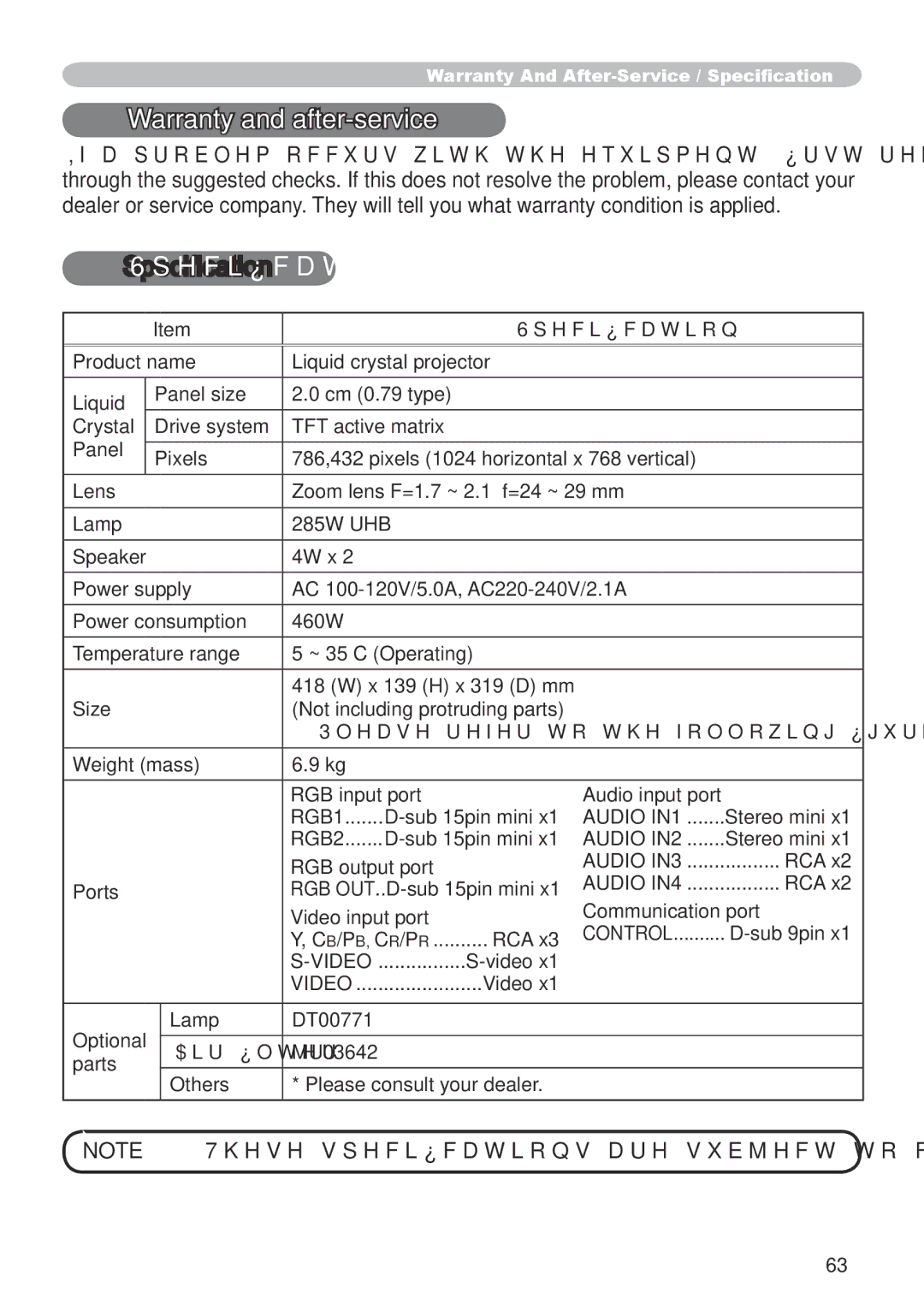 Hitachi CP-X600 user manual Warranty and after-service, Specification 