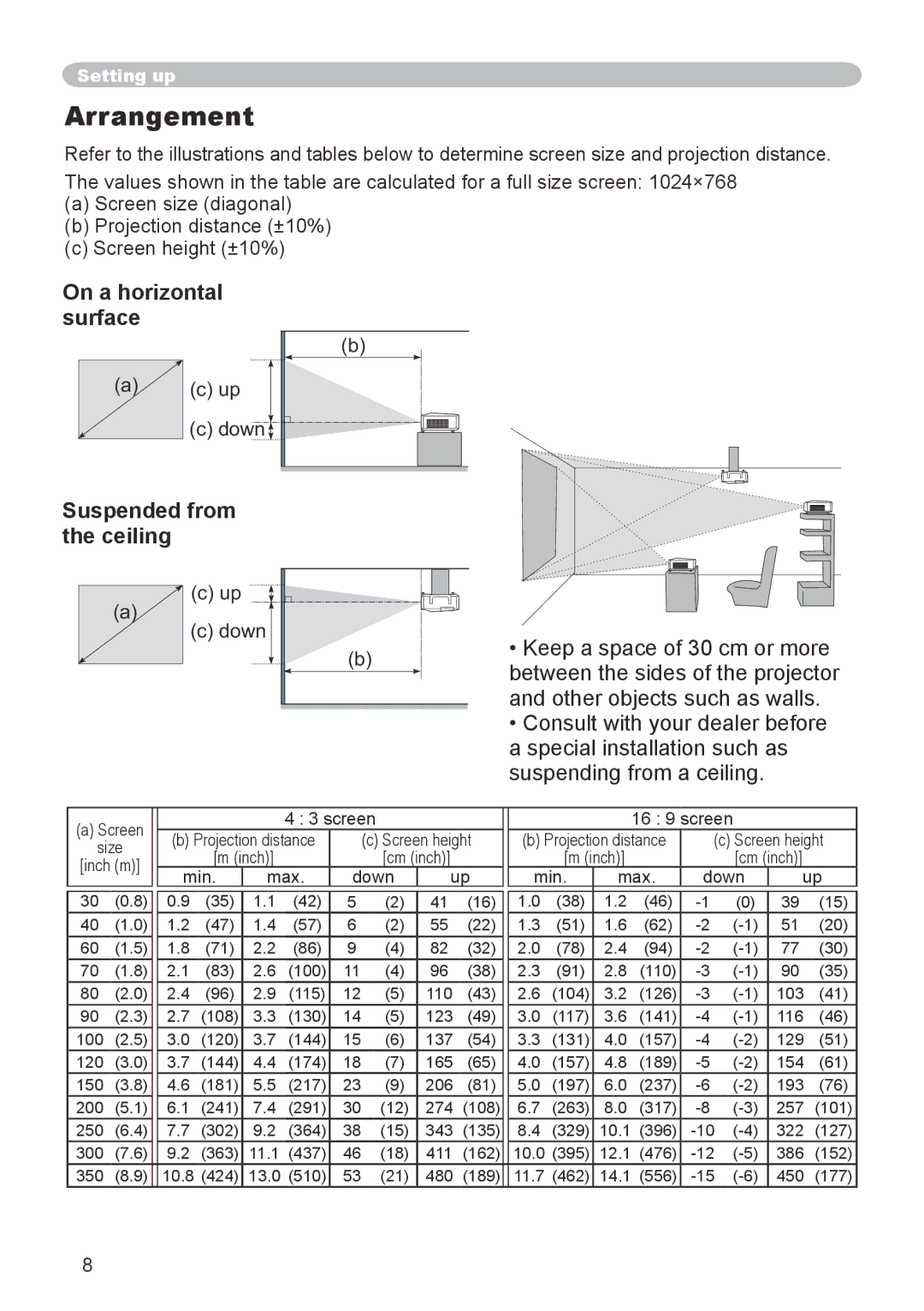 Hitachi CP-X600 user manual Arrangement, On a horizontal surface, Suspended from the ceiling, Down 