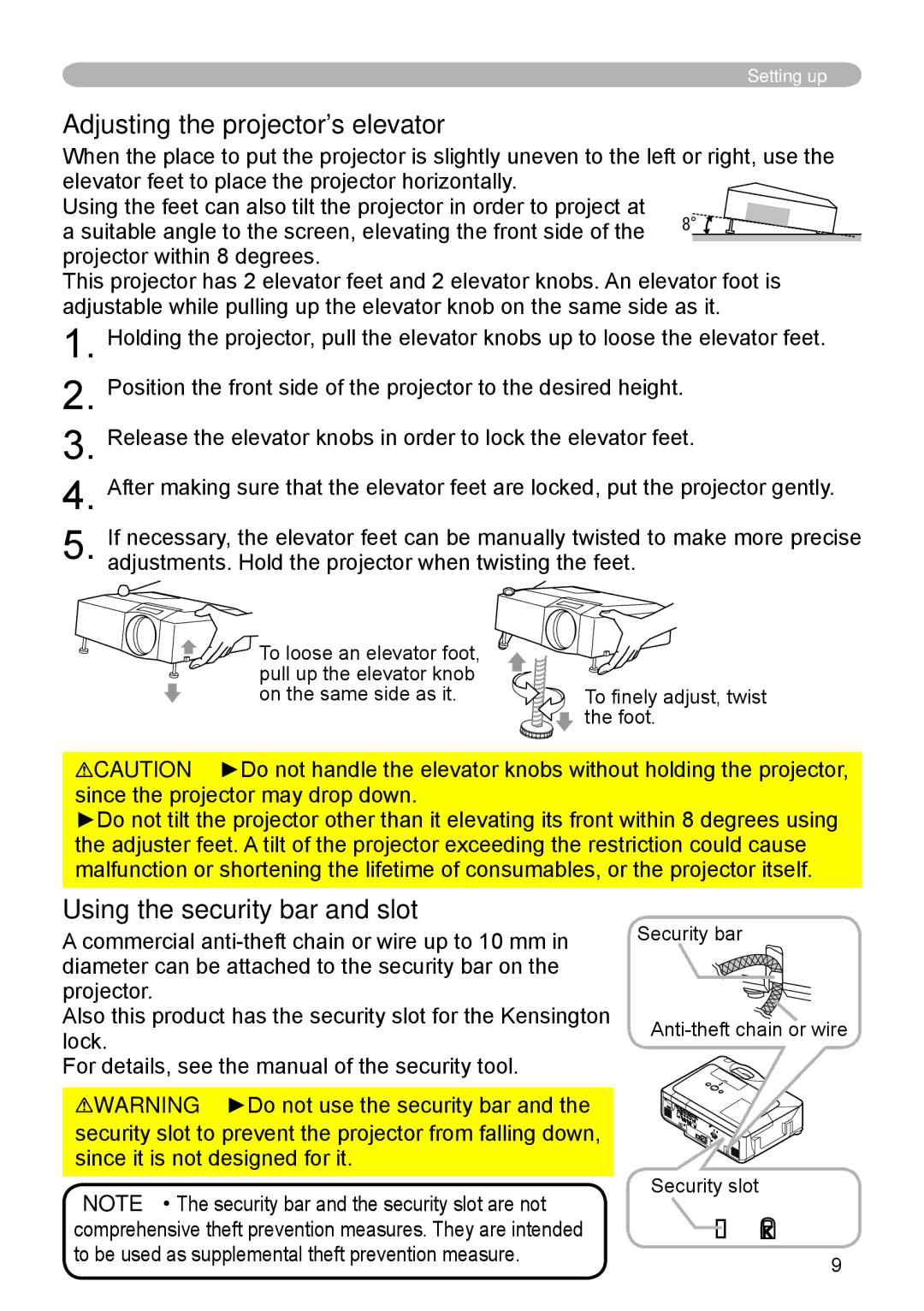 Hitachi CP-X600 user manual Adjusting the projectors elevator, Using the security bar and slot, Foot 