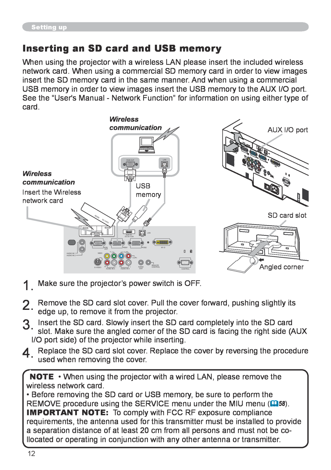 Hitachi CP-X608 user manual Inserting an SD card and USB memory 